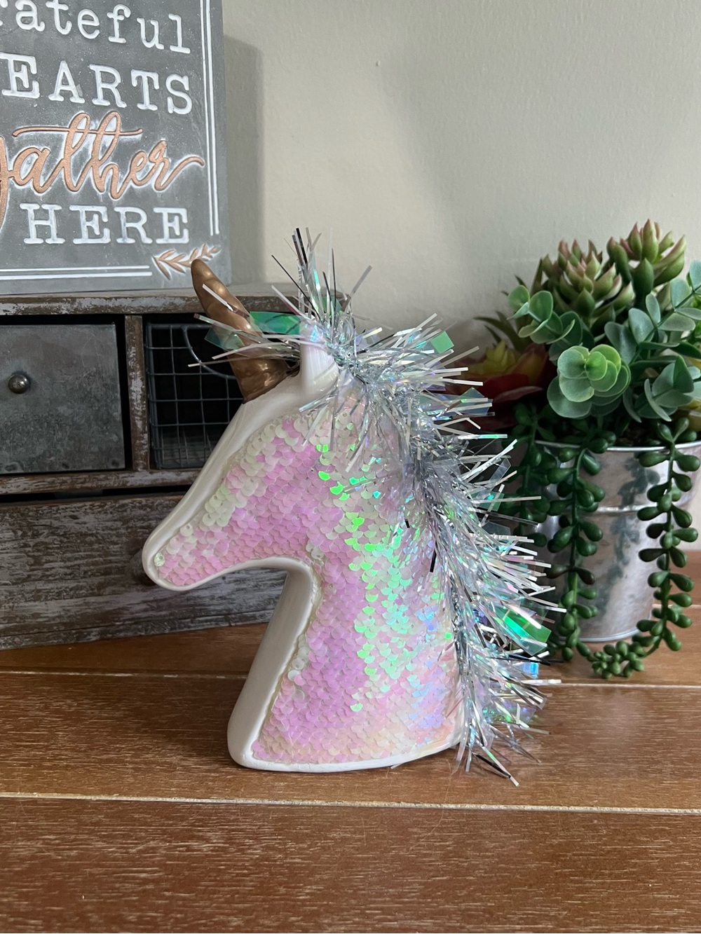 New White Sequin Decorative Unicorn Coin Bank